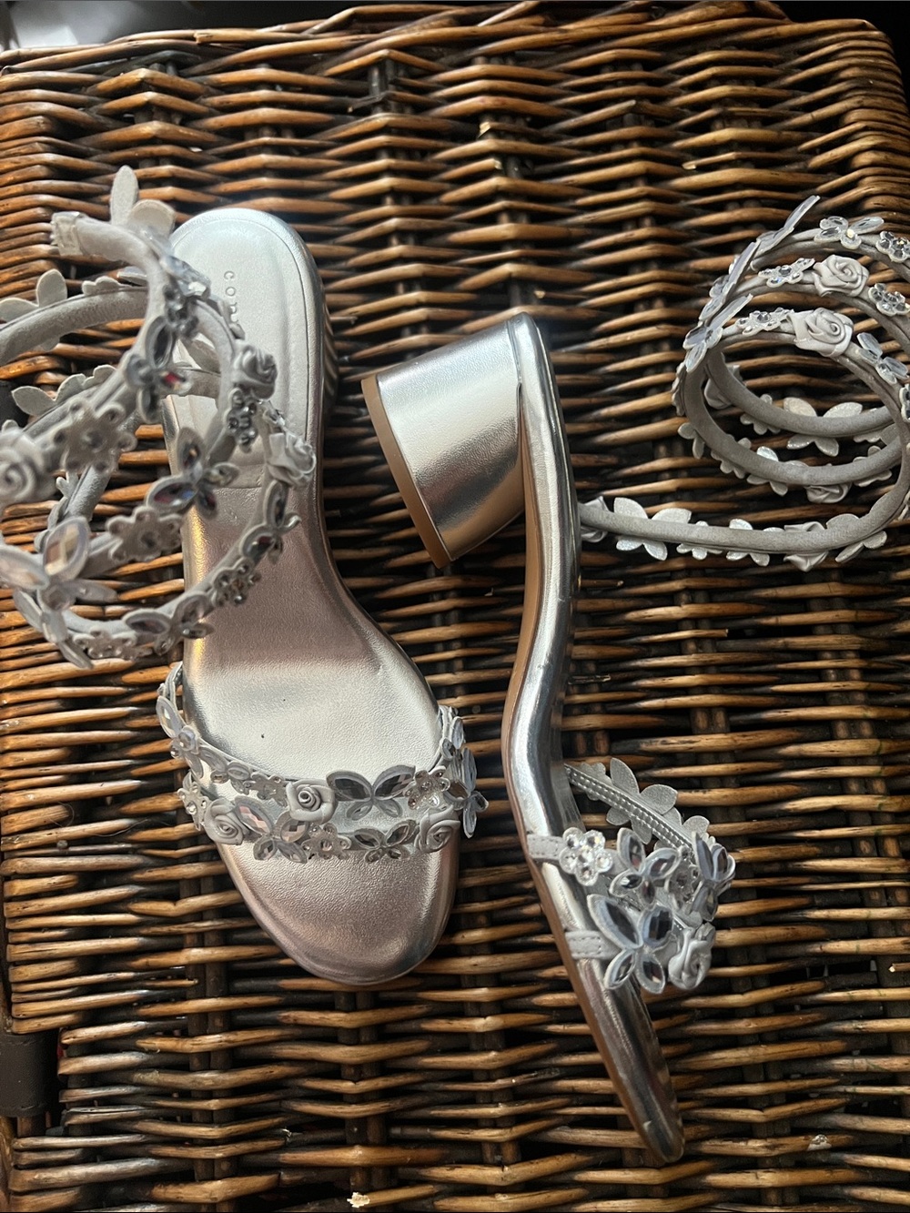 Silver Floral Ankle-Strap Block Heel Sandals